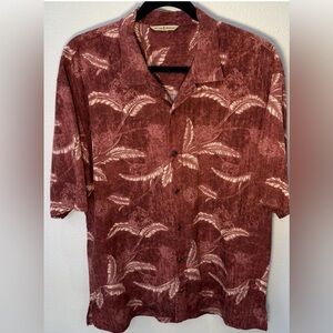 Tommy Bahama Mens L Silk Wool Hawaiian Shirt Red Floral Short Sleeve Button Up
